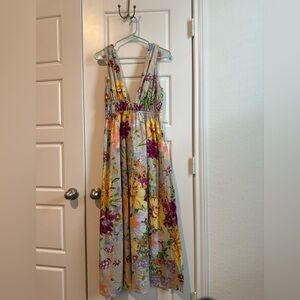 H&M Cotton/Linen Blend Floral Plunge Neck Maxi Dress Small